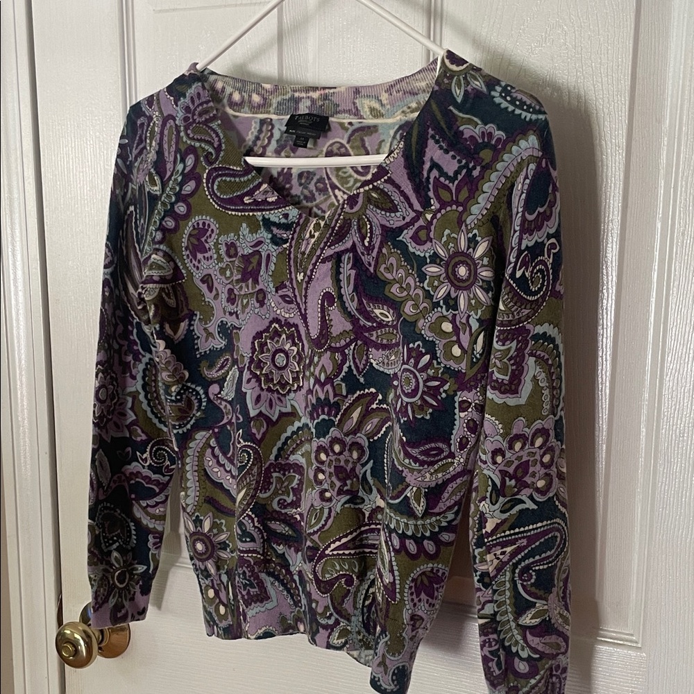 Talbots 100% merino wool Olive & Purple Paisley sweater Chic, unique, gorgeous! - Picture 4 of 9